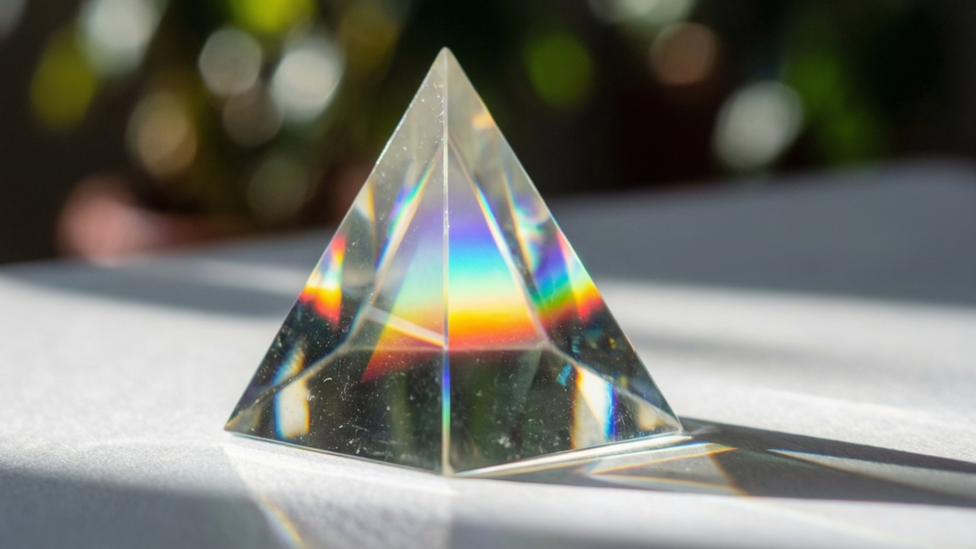 Prism Spectrum 壁紙 — 一個透明的玻璃金字塔稜鏡將陽光折射成一個鮮豔的彩虹光譜，投射在白色表面上。