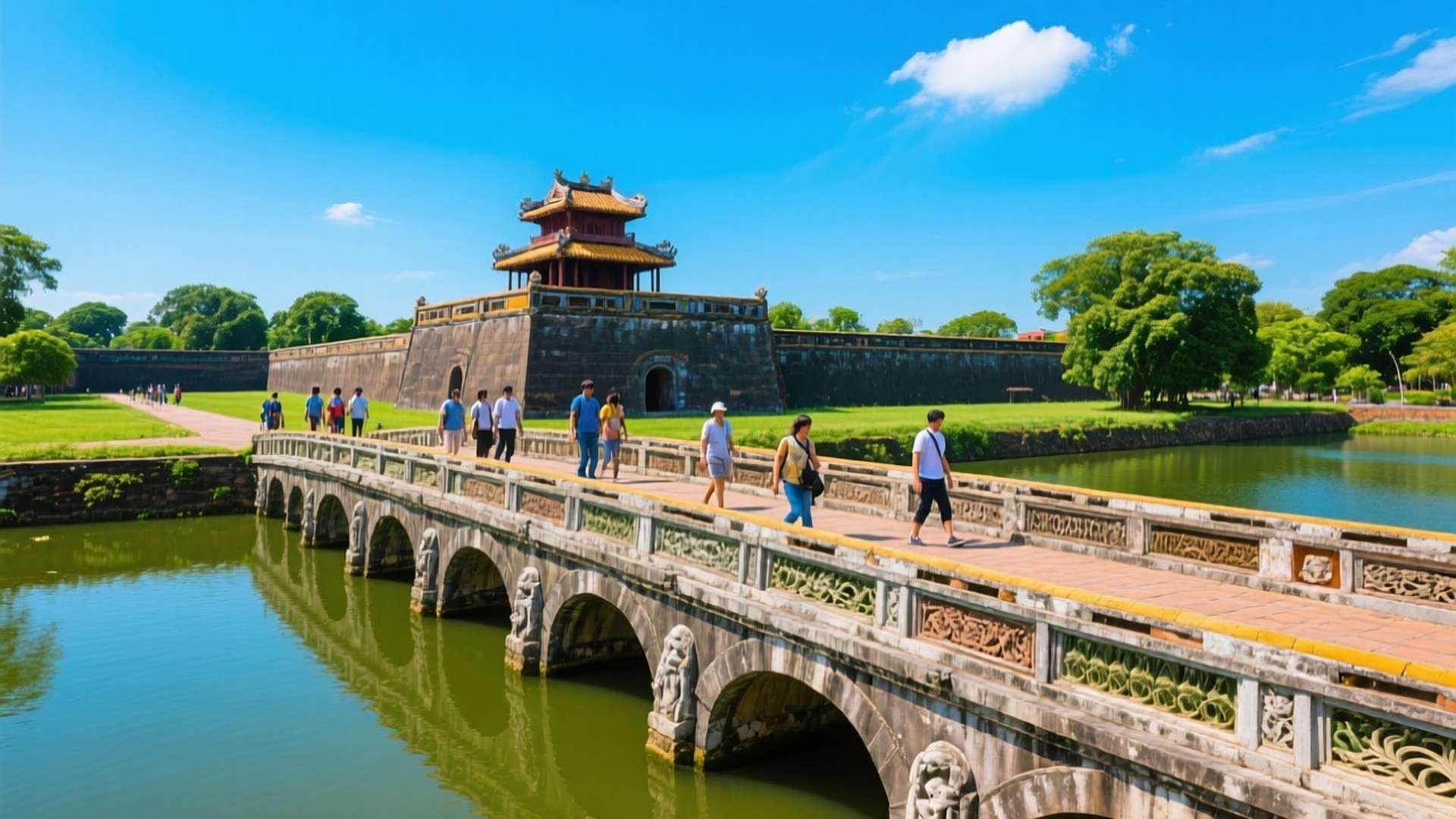 Hue Imperial Citadel 壁紙 — 遊客漫步在一座華麗的石橋上，橋拱跨越平靜的綠色水面，通往一座雄偉的傳統越南宮殿，上方是明亮的藍天。
