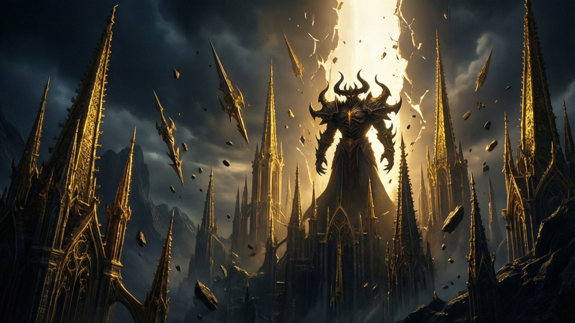 Heavens Shattered 壁紙 — 一個有角的巨型裝甲惡魔站在 crumbling 的哥德式尖塔之間，金色光芒撕裂了暴風雨的天空。