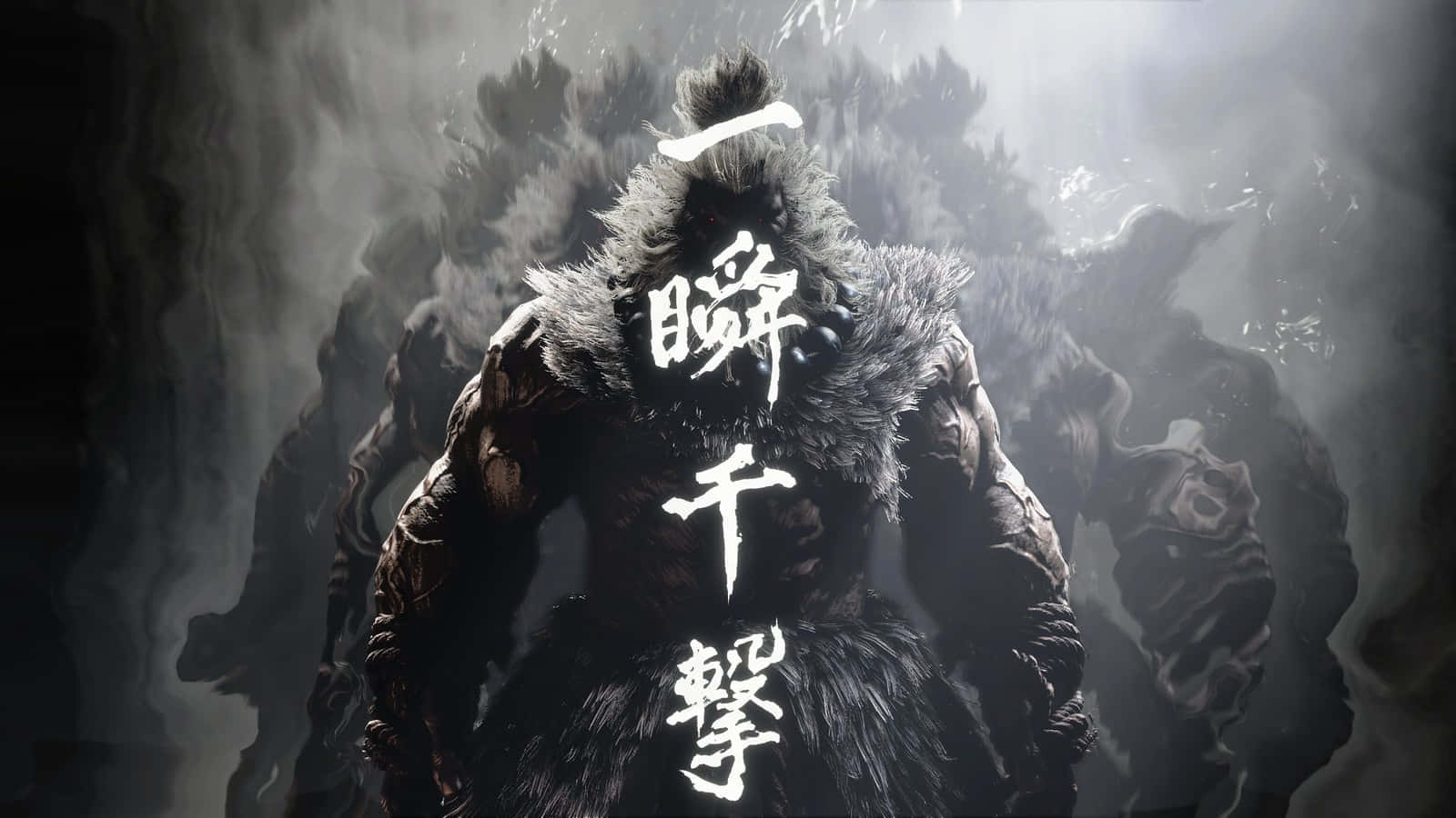  壁紙 — 一位身穿毛皮斗篷的魁梧裝甲戰士，在迷霧黑暗中站立，帶有發光的白色漢字文字疊加。