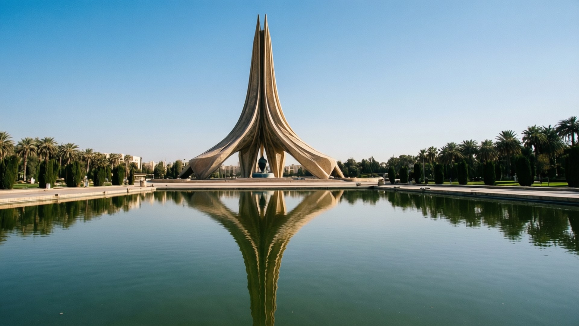 Symmetrical Al-Shaheed 壁紙 — 一座高聳的米色紀念碑，有三個尖銳的尖頂，完美倒映在平靜的綠色水池中，周圍環繞著棕櫚樹，天空清澈湛藍。