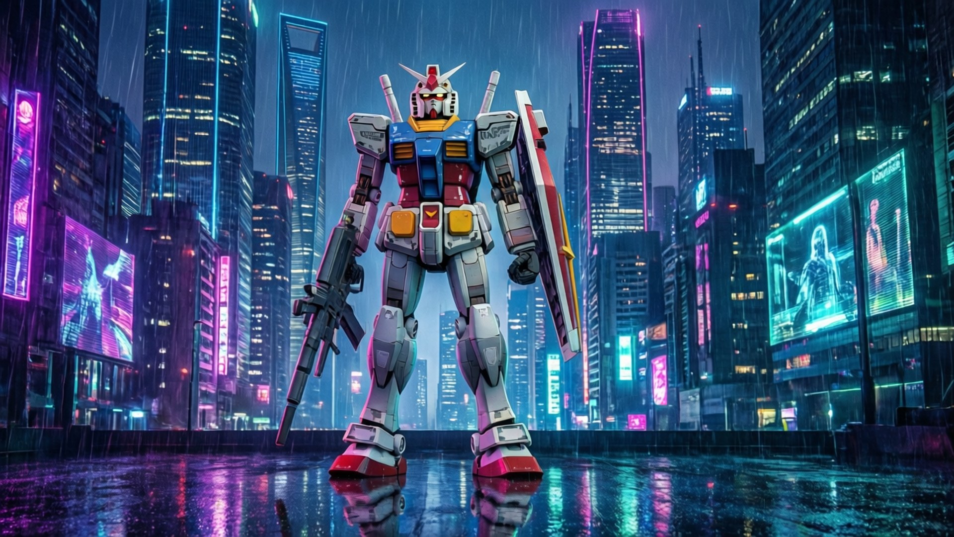 Neon Gundam City 壁紙 — 一座高聳的藍紅白鋼彈機器人站在雨水浸濕的霓虹城市景觀中，發光的摩天大樓倒映在濕漉漉的路面上。