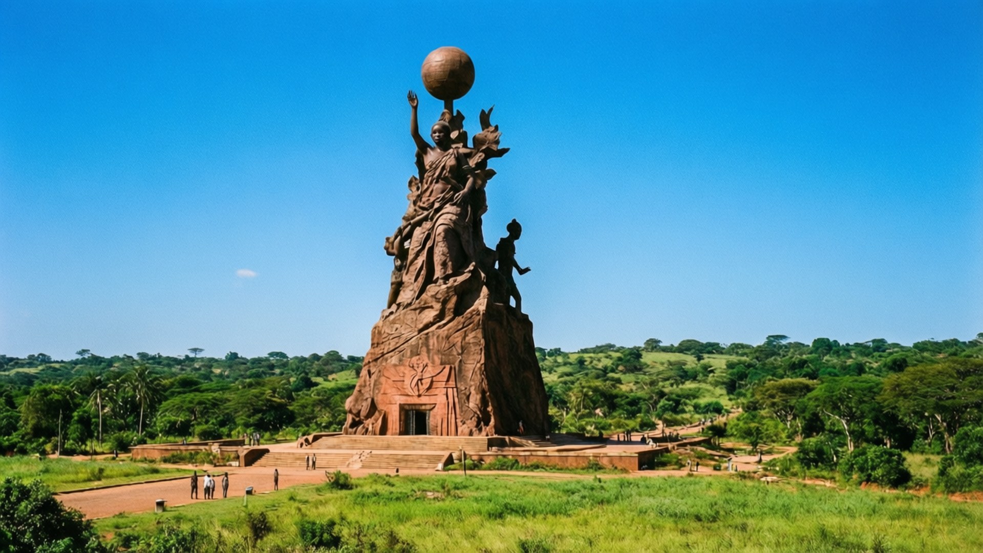 Monument Grandeur 壁紙 — 一座高聳的青銅紀念碑，上面有手持地球儀的人物，在晴朗的藍天下，矗立在鬱鬱蔥蔥的綠色稀樹草原之上。
