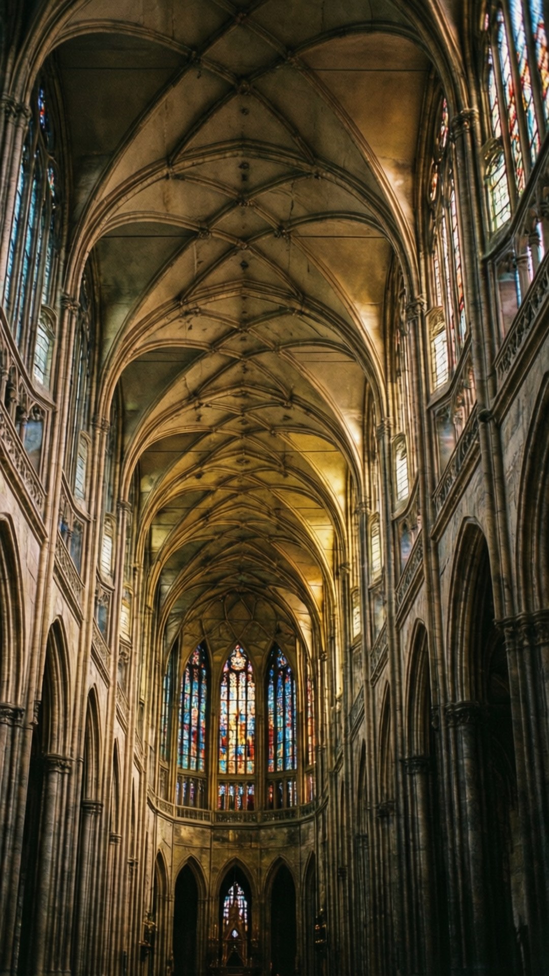 St. Vitus Cathedral Interior 壁紙 — 一座高聳的哥德式大教堂內部，有肋狀拱頂天花板、彩色玻璃窗和石拱門，沐浴在溫暖的金色光芒中。