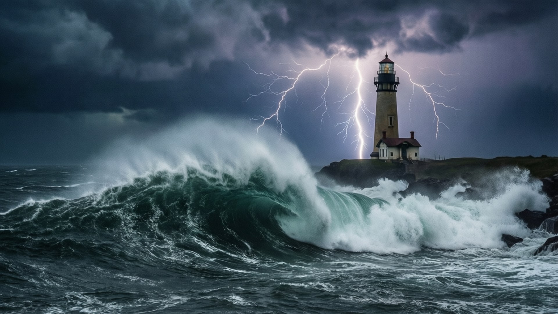 Stormy Lighthouse 壁紙 — 一座高聳的燈塔傲然矗立在懸崖上，巨大的綠色海浪在下方撞擊，閃電在暴風雨的紫色天空中叉開。