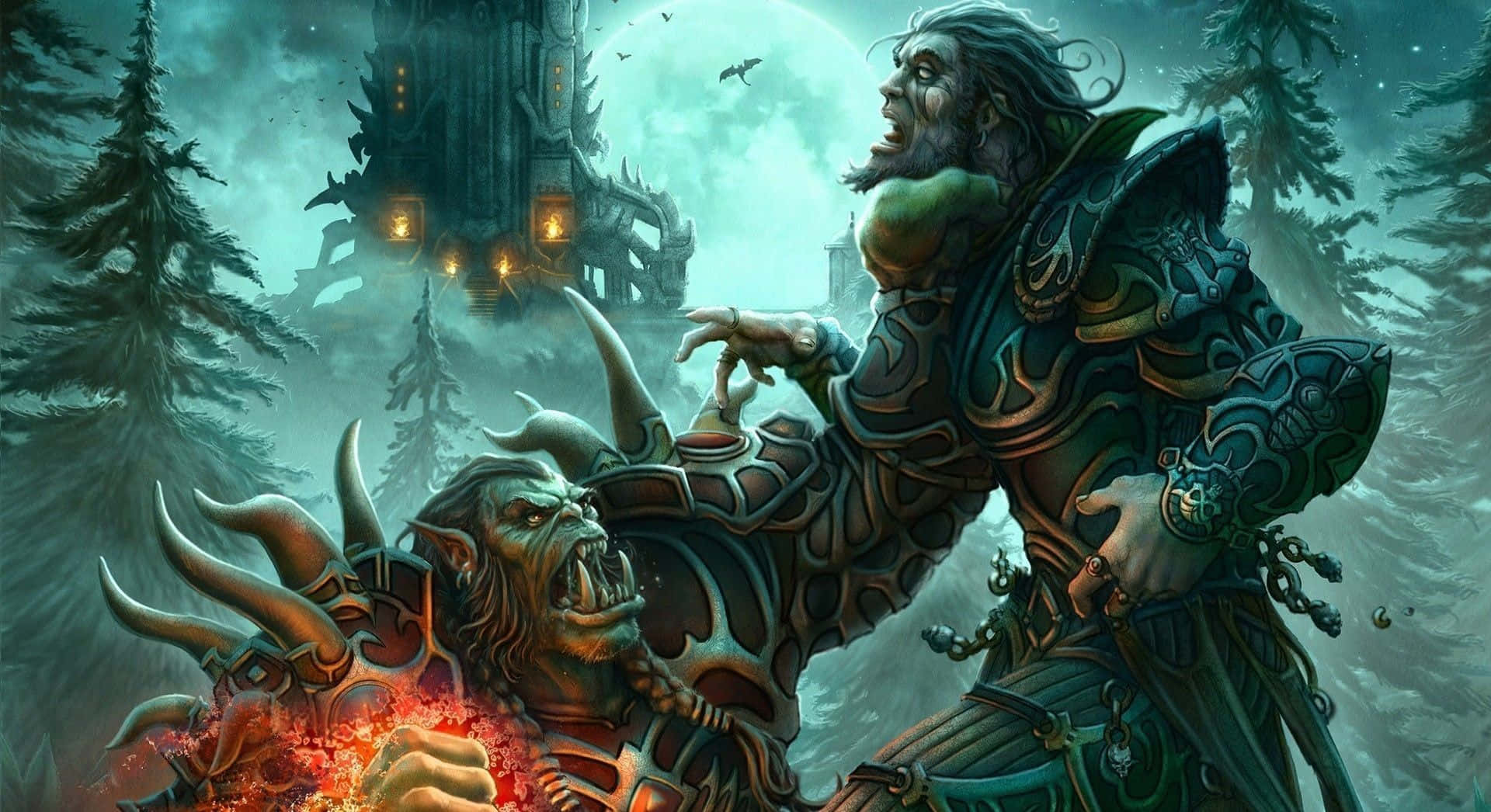  壁紙 — 一個身穿華麗盔甲的巨型獸人戰士，在月光照耀下的迷霧森林中與火焰惡魔戰鬥。