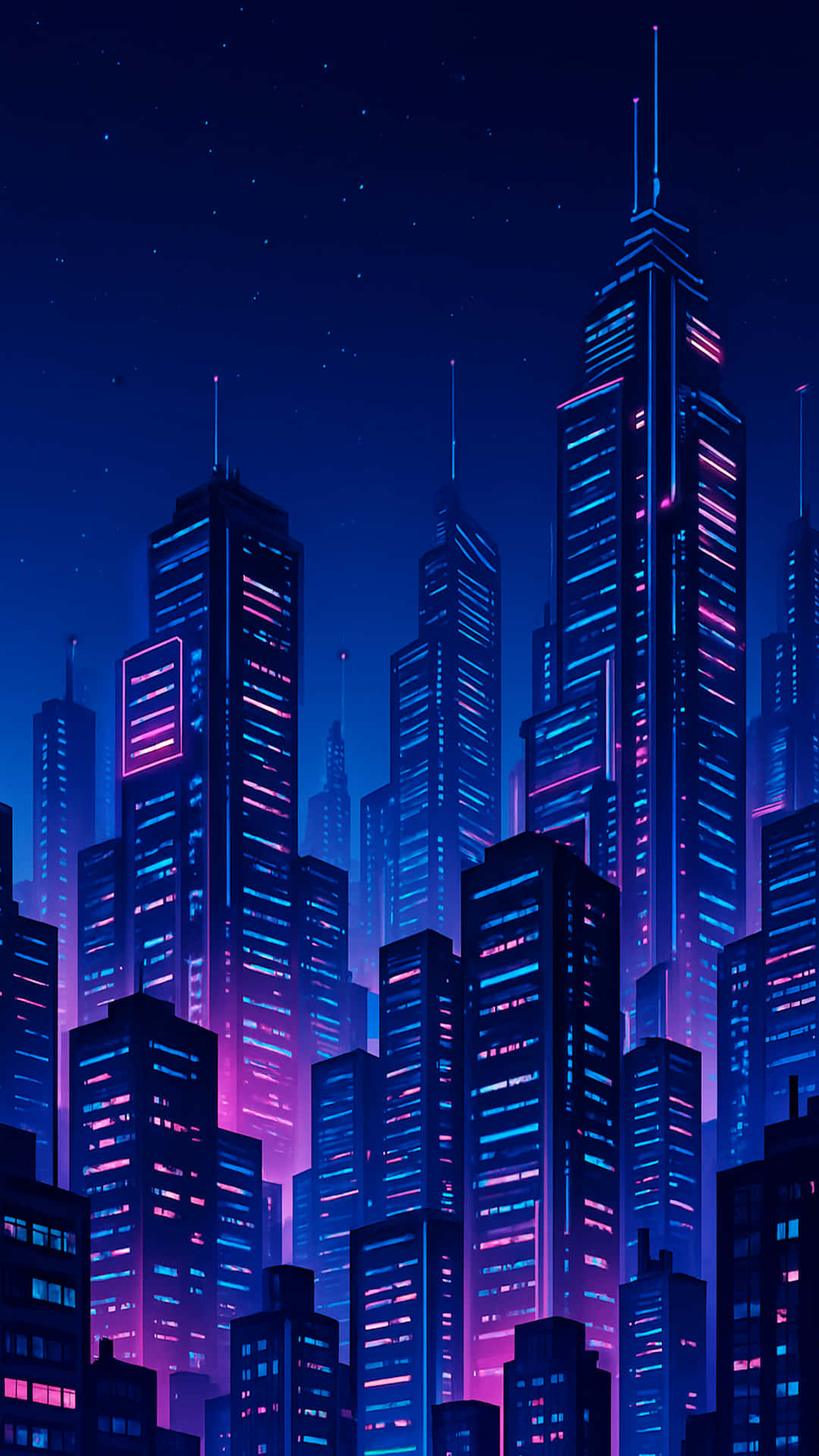 未來主義的城市夜景，在星空下閃耀的摩天大樓。 — 4K 壁紙