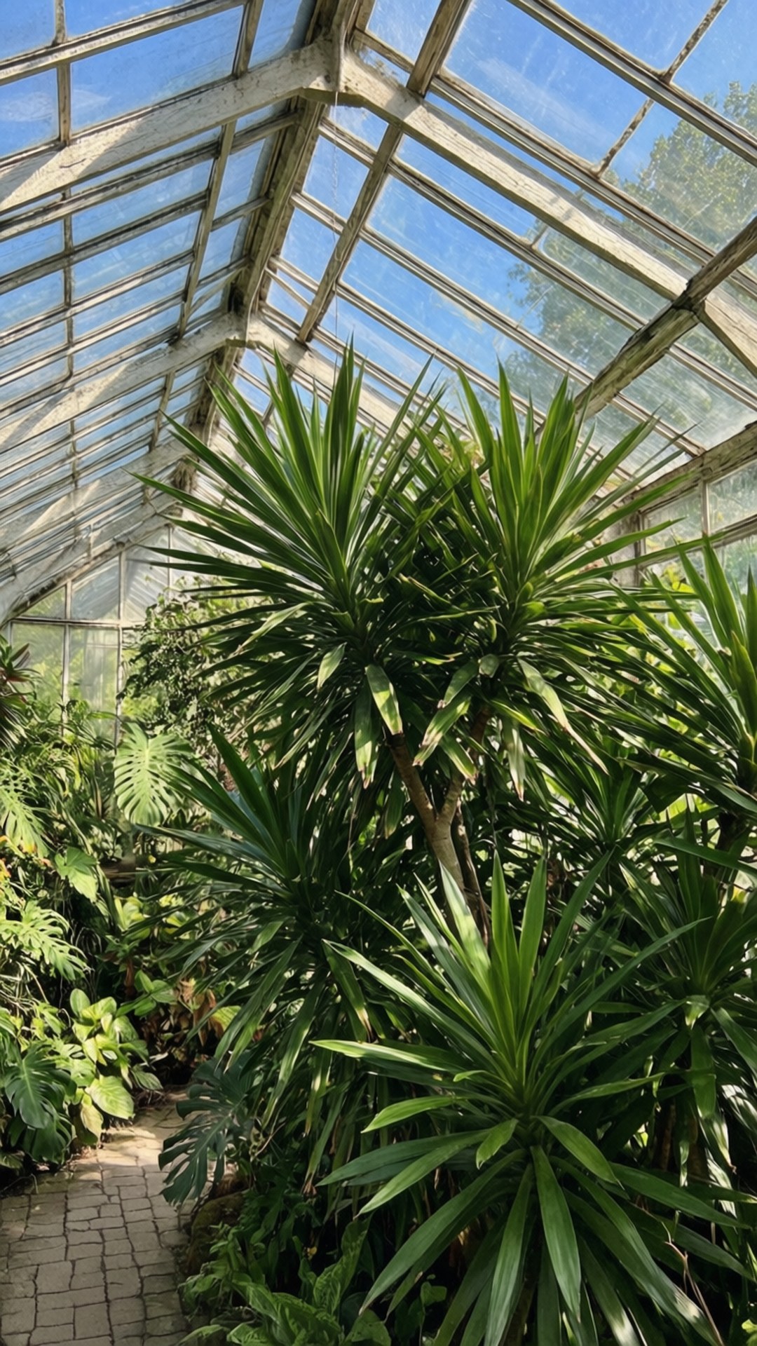Botanical Greenhouse 壁紙 — 高聳的尖刺綠色植物在玻璃屋頂下的陽光溫室中茁壯成長，並有石徑。