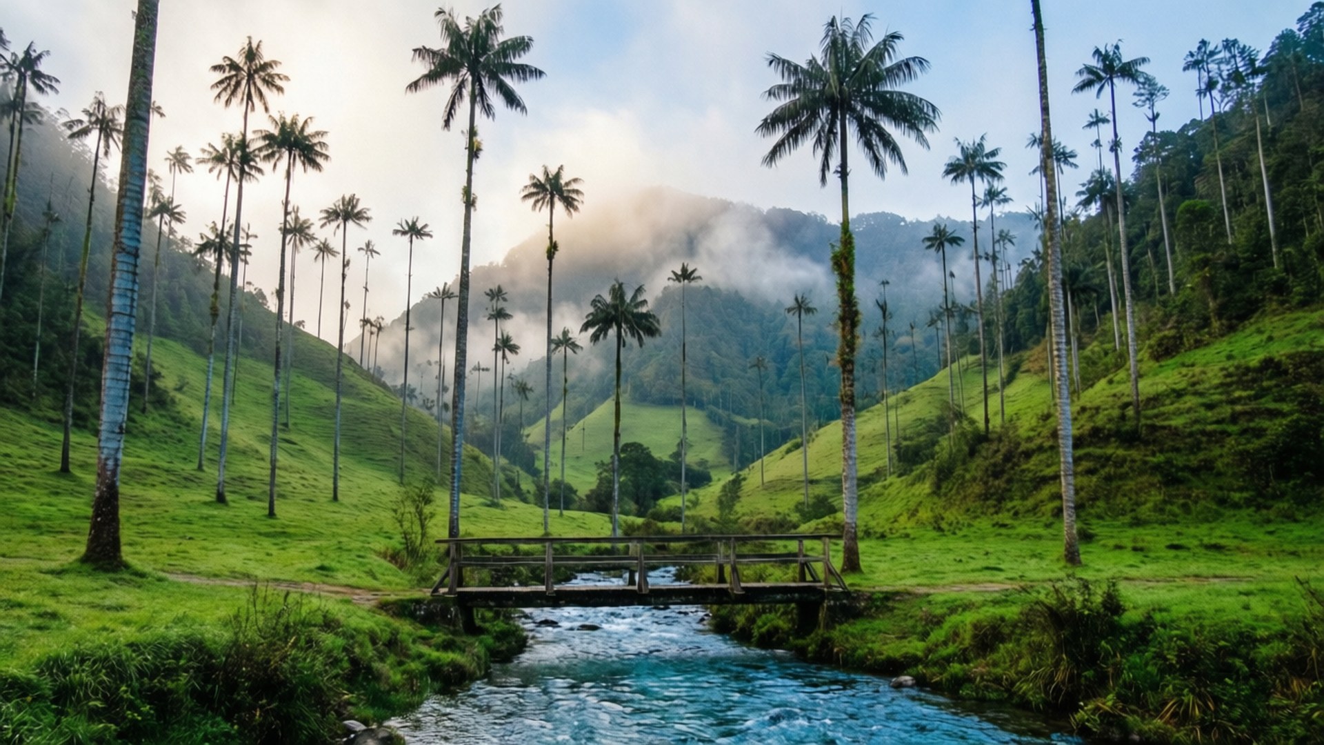 Cocora Valley Morning Mist 壁紙 — 高聳的蠟棕櫚樹排列在霧氣瀰漫的山谷中，一座木橋橫跨湍急的藍色溪流。