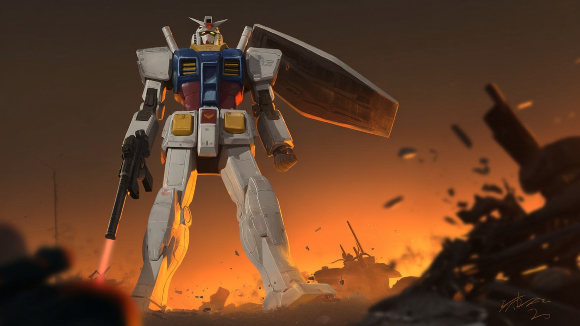 Sunset Gundam Battle 壁紙 — 一座高聳的白色、藍色和紅色鋼彈在熾熱的橙色戰場上，手持盾牌和步槍，屹立在瓦礫中。