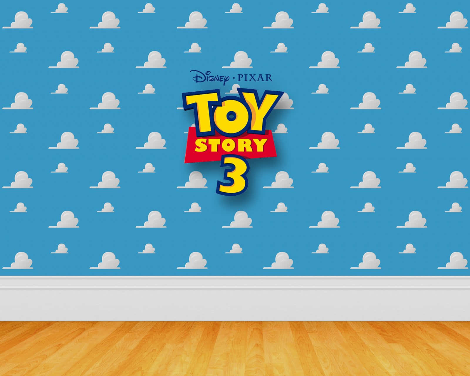 Toy Story Cloud 桌布 壁紙 — Toy Story 3 標誌居中於藍天白雲和木地板的桌布上。