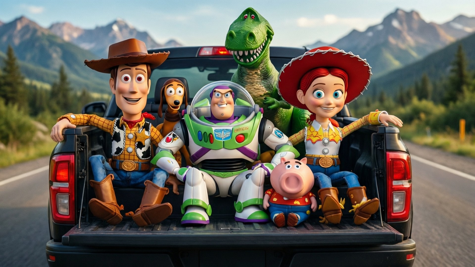 Toy Story Road Trip 壁紙 — 玩具總動員角色們愉快地坐在一輛皮卡車的車斗中，背景是山脈。