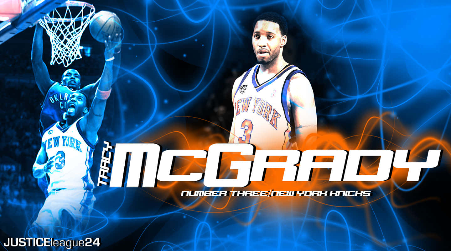 Tracy Mcgrady 桌布 壁紙 — Tracy McGrady 在動態籃球動作和肖像中，背景是發光的藍色和橙色抽象能量線。