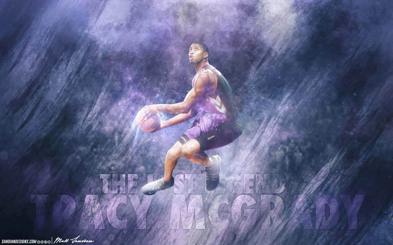 Tracy Mcgrady 桌布 壁紙 — Tracy McGrady 在紫色宇宙風暴中動態跳躍，手持帶有發光能量軌跡的籃球。