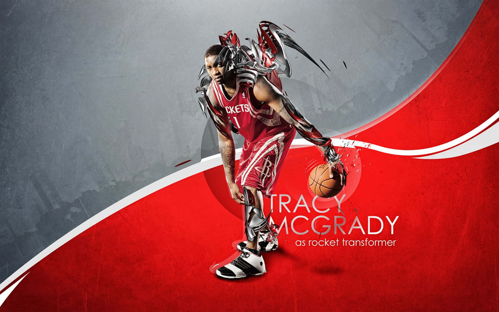 Tracy Mcgrady 桌布 壁紙 — Tracy McGrady 身穿紅色火箭隊球衣，帶有金屬翅膀，在鮮明的紅色和灰色彎曲背景前運球。