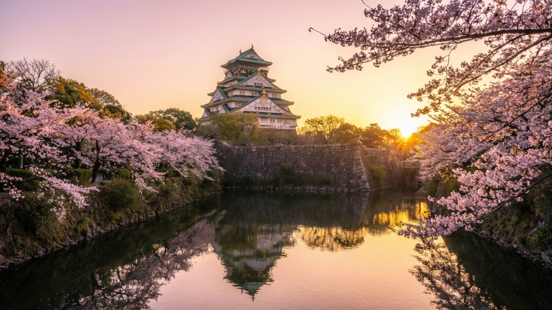 Osaka Castle at Dawn 壁紙 — 一座傳統日本城堡在盛開的櫻花後升起，金色的夕陽光芒映照在平靜的護城河中。