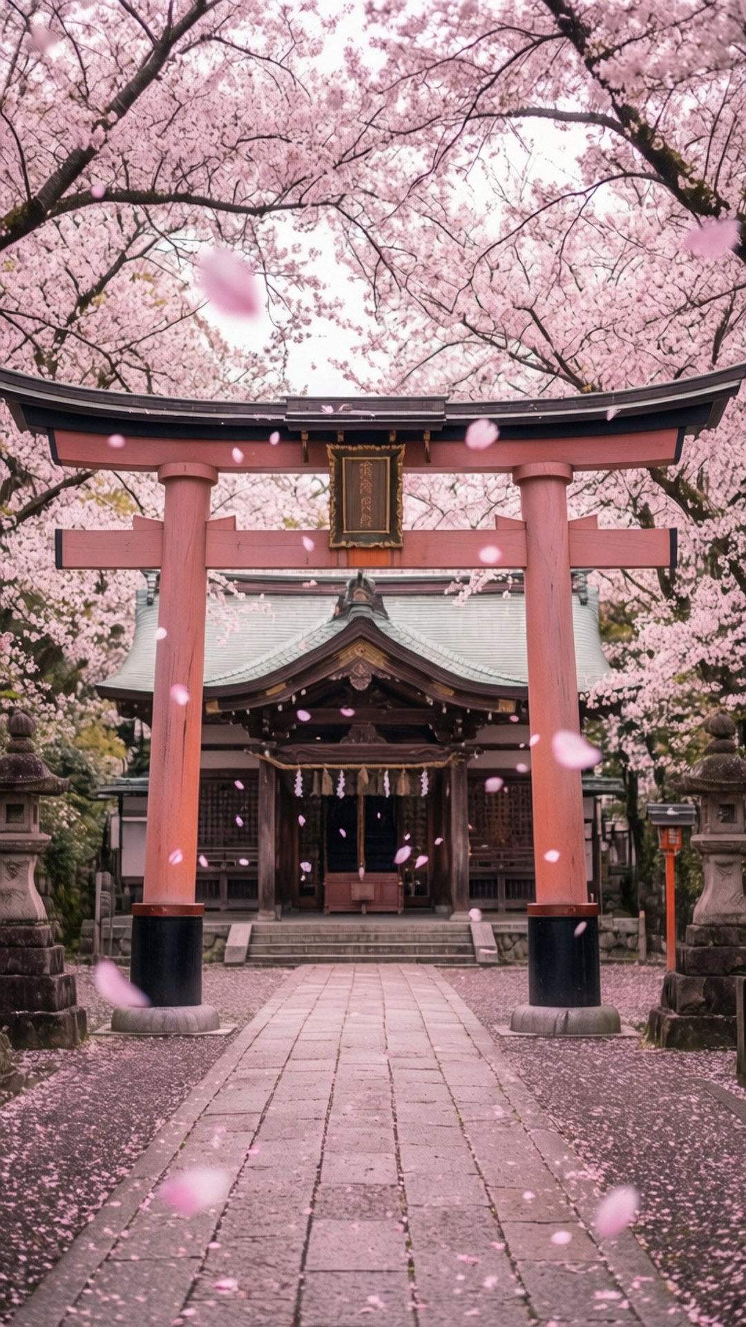 鳥居 桌布 壁紙 — 傳統日本神社，以鳥居為框，上方有粉紅櫻花飄落如華蓋。
