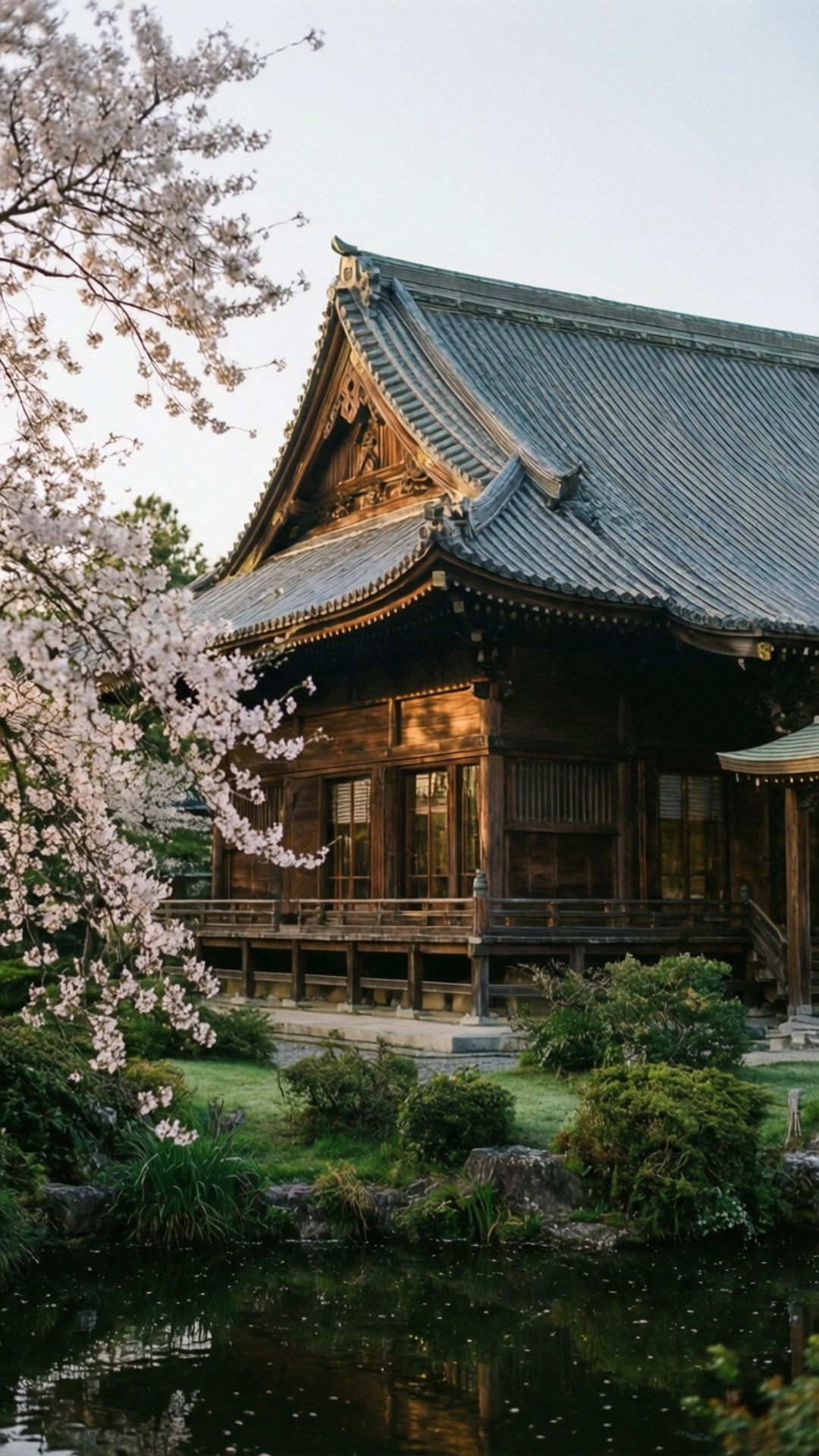 建築 桌布 壁紙 — 一座傳統木造日本寺廟，擁有彎曲屋頂，佇立於池塘旁，在黎明時分盛開的櫻花下。