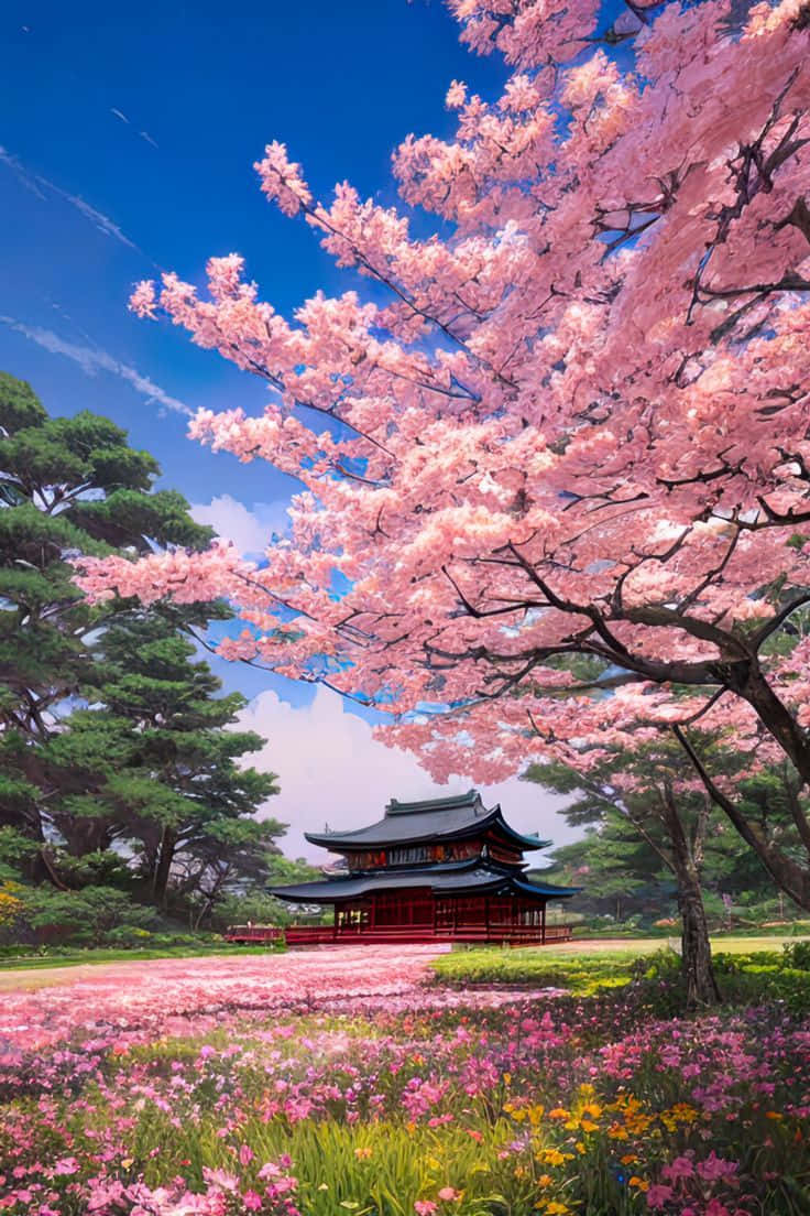  壁紙 — 一座傳統日本寺廟坐落在鮮豔粉紅櫻花樹冠下，襯著清澈的藍天。