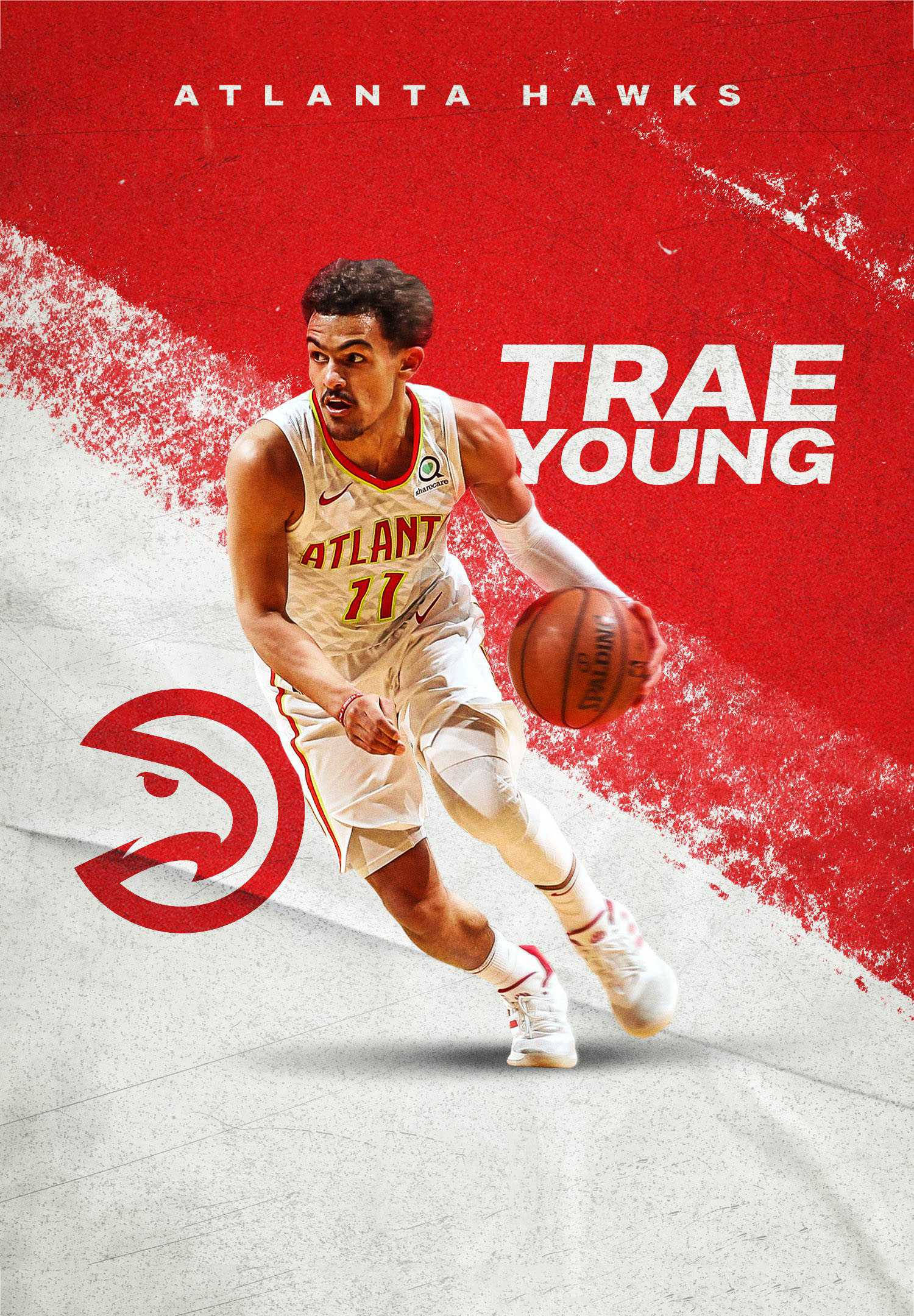 Trae Young 桌布 壁紙 — Trae Young 身穿亞特蘭大老鷹隊球衣，在搶眼的紅白背景下動態運球。