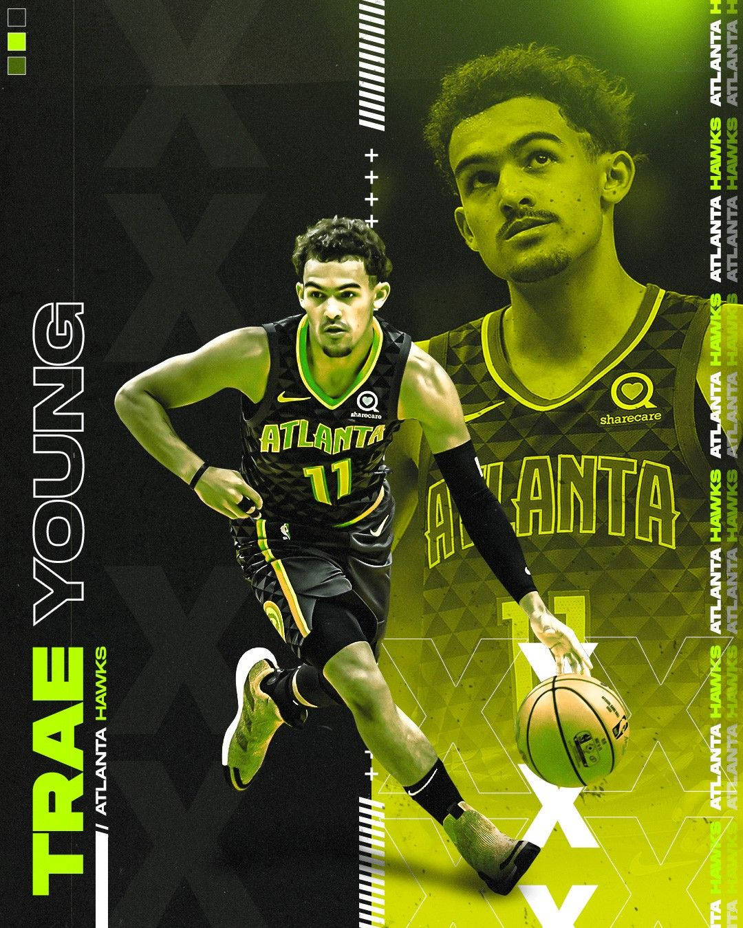 Trae Young 桌布 壁紙 — Trae Young 身穿亞特蘭大老鷹隊球衣，在螢光綠和黑色幾何背景中運球。