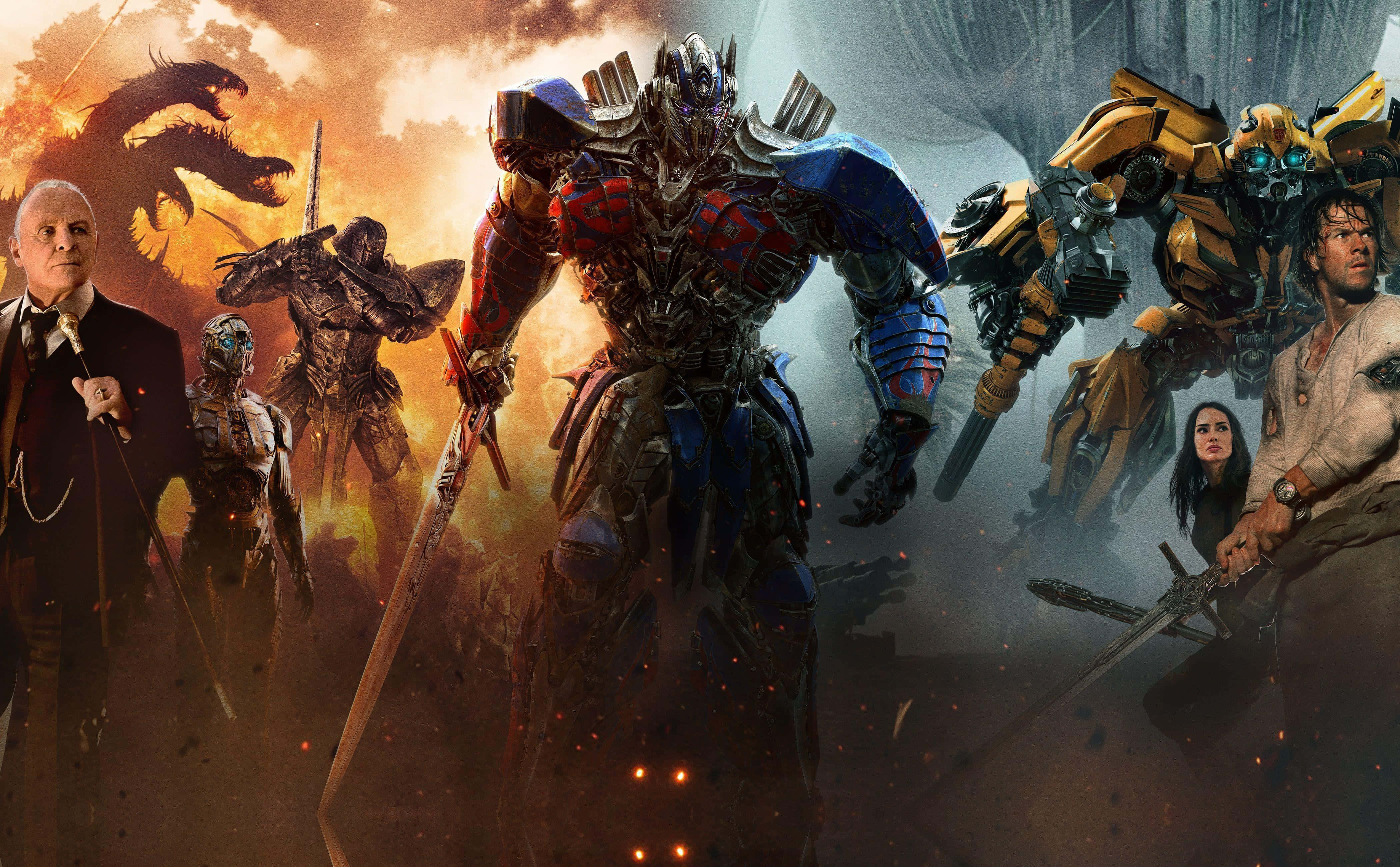 外星人 桌布 壁紙 — Transformers Optimus Prime 和 Bumblebee 在與人類和巨龍的激烈戰鬥中準備就緒，場景混亂如電影般。