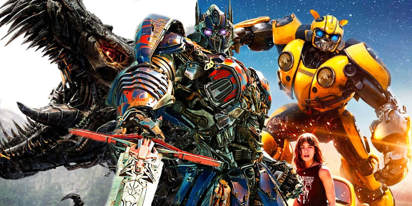變形金剛 桌布 壁紙 — Transformers Optimus Prime、Bumblebee 和一個女孩英勇地站在宇宙背景下，身後潛伏著一個威脅性的黑暗野獸。