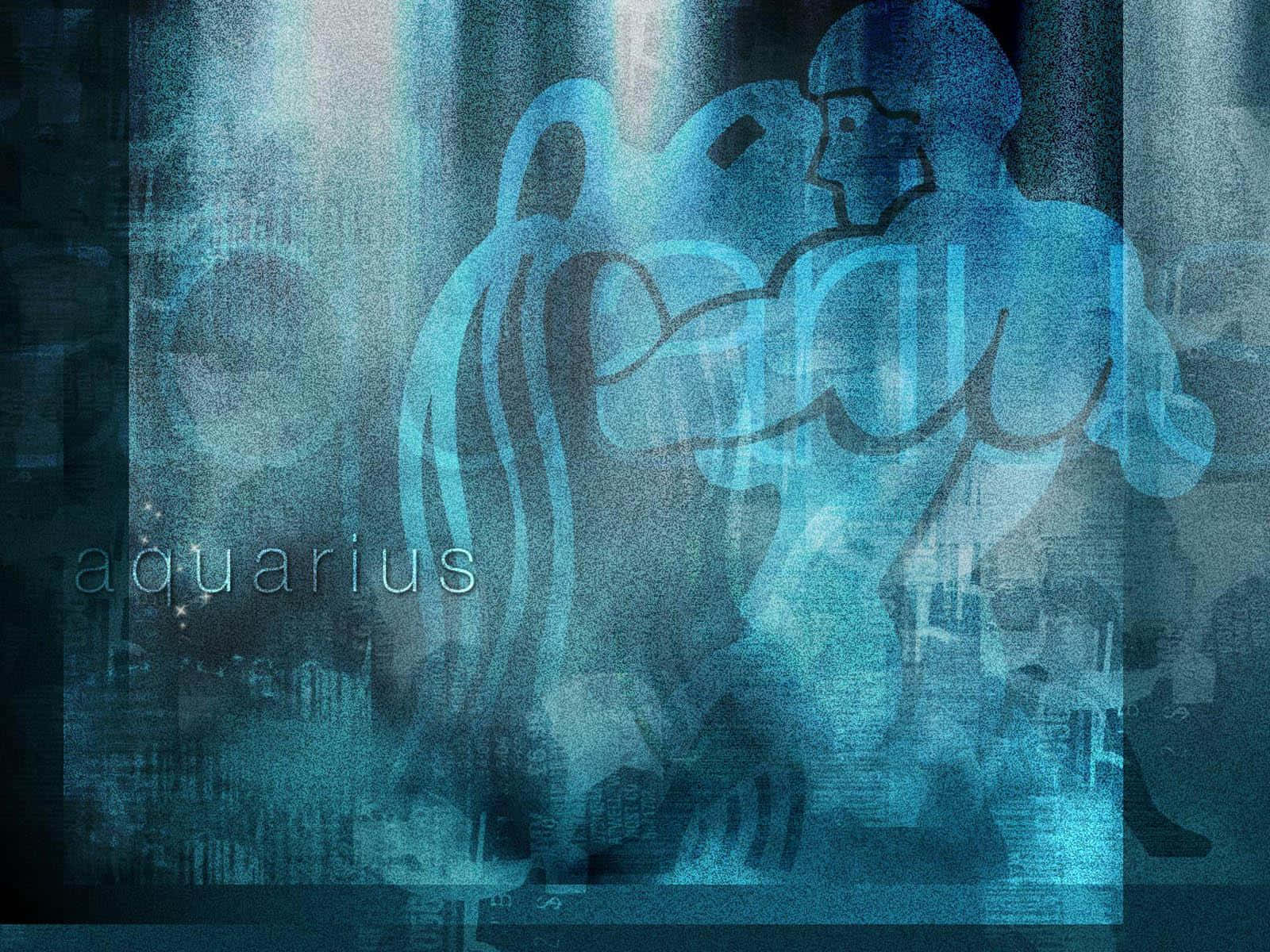 aquarius 桌布 壁紙 — 半透明藍色水瓶座星座人物在夢幻般的數位藝術構圖中將水傾瀉到城市景觀上。