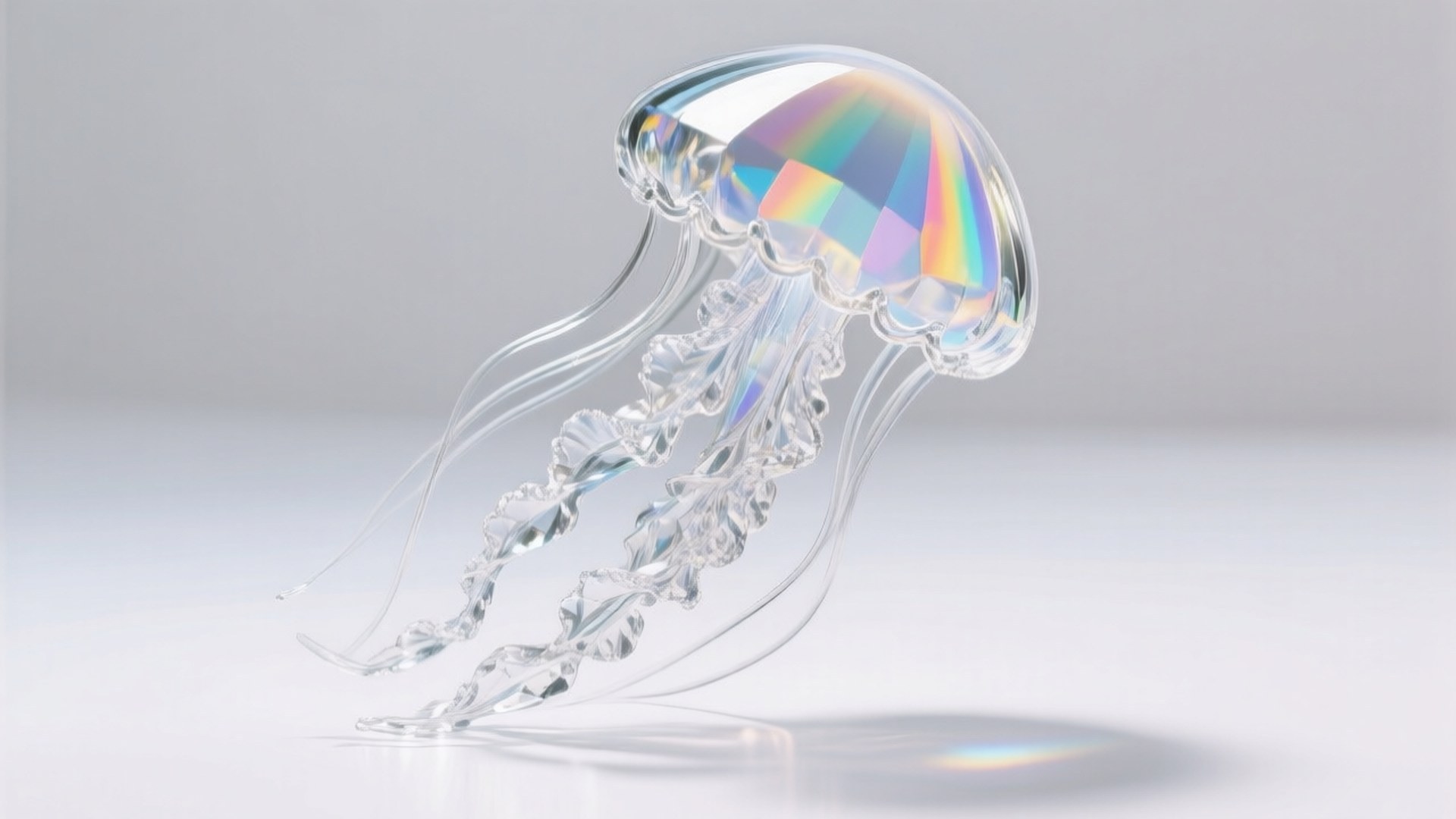 Crystal Jellyfish 壁紙 — 一隻半透明的水母，帶有彩虹色的傘狀體和精緻的玻璃狀觸手，漂浮在柔和的白色背景上。