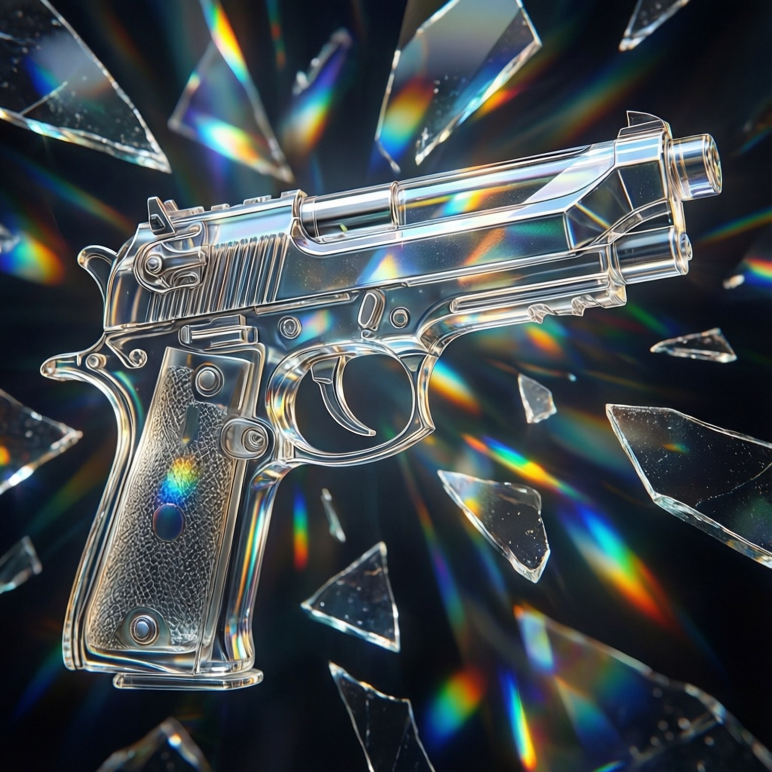 Crystal Gun Refraction 壁紙 — 一把透明玻璃手槍，帶有彩虹棱鏡和從中心輻射出的破碎玻璃碎片，背景為深色。