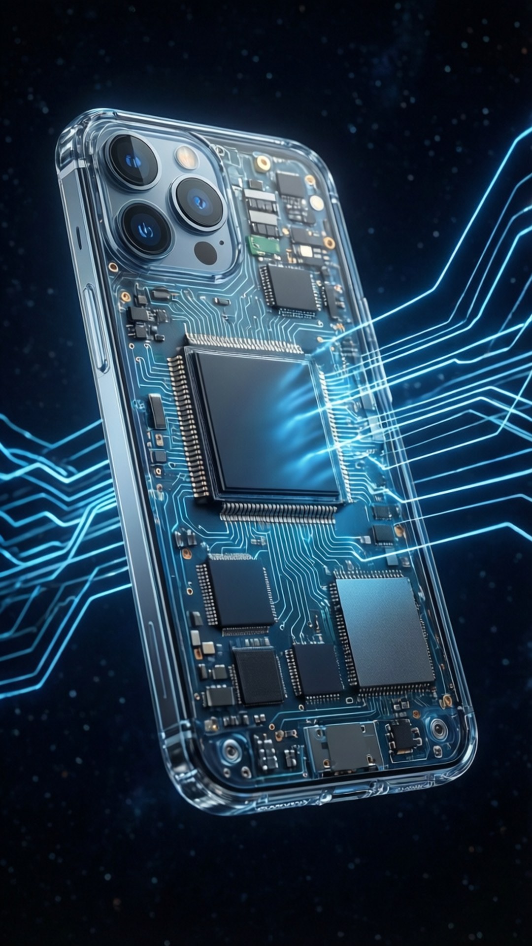 X-Ray Smartphone Tech 壁紙 — 透明智慧型手機在星空宇宙背景下顯露發光藍色電路和晶片。