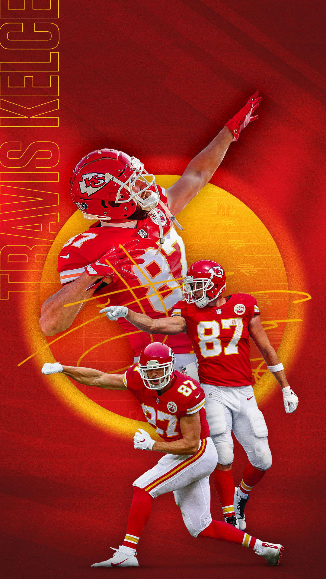 Kansas City Chiefs Cool 桌布 壁紙 — Travis Kelce 身穿紅色酋長隊球衣，在火紅與金色背景中高舉雙臂跳躍的動態桌布。