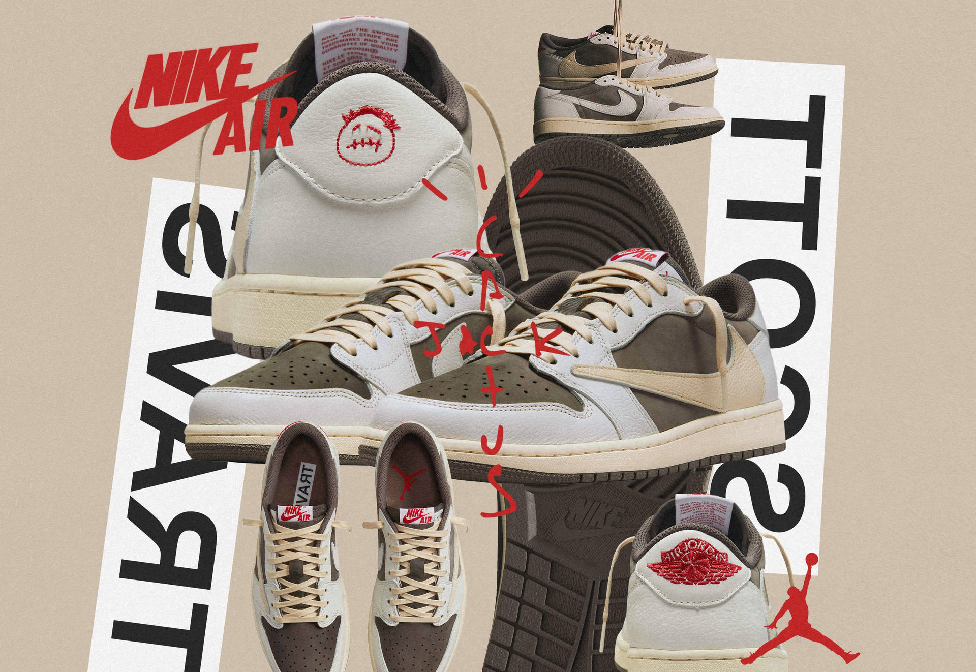 Travis Scott x Nike Air Jordan 運動鞋系列拼貼畫，搭配大膽的品牌標識。 — Jordan Logo 壁紙