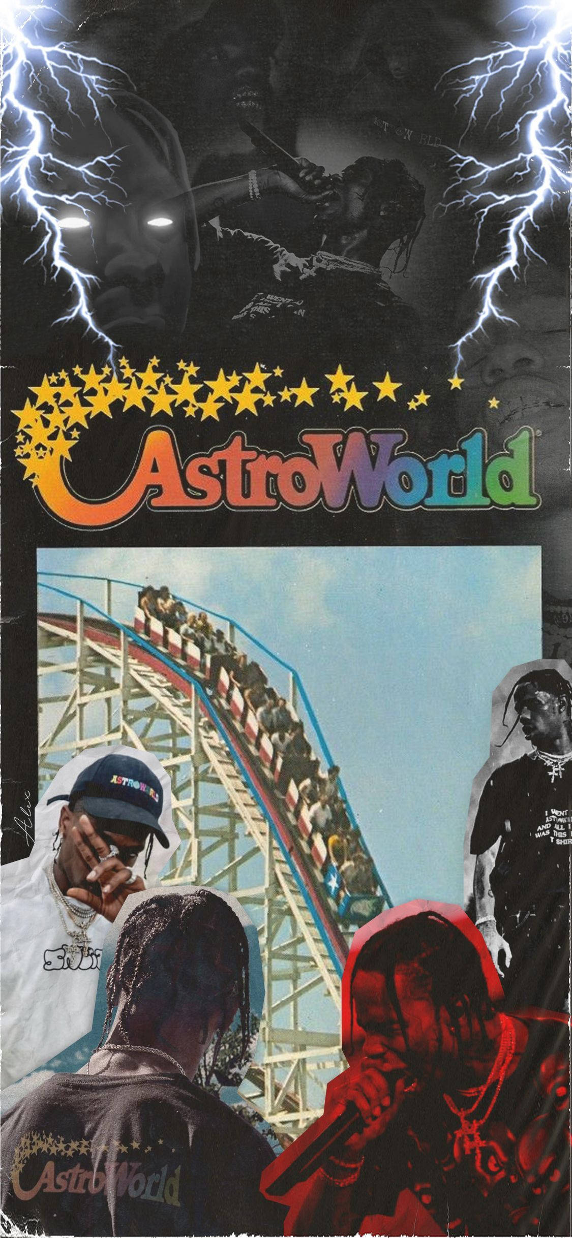 Astroworld 桌布 壁紙 — Travis Scott 在 AstroWorld 的充滿活力的拼貼畫，帶有雲霄飛車閃電和星光燦爛的標題。