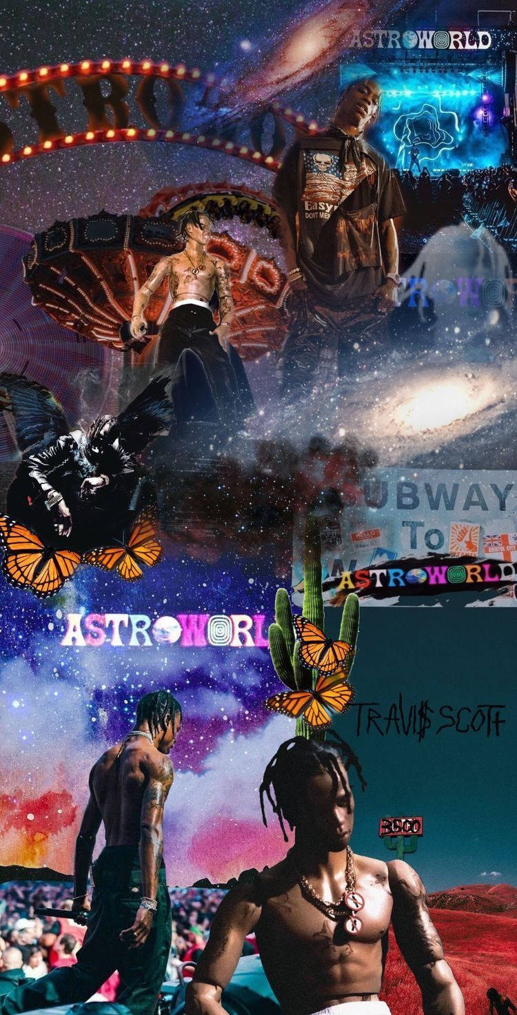 崔維斯·史考特 桌布 壁紙 — Travis Scott 在宇宙場景中的超現實拼貼畫，包含蝴蝶、霓虹燈標誌和銀河背景。