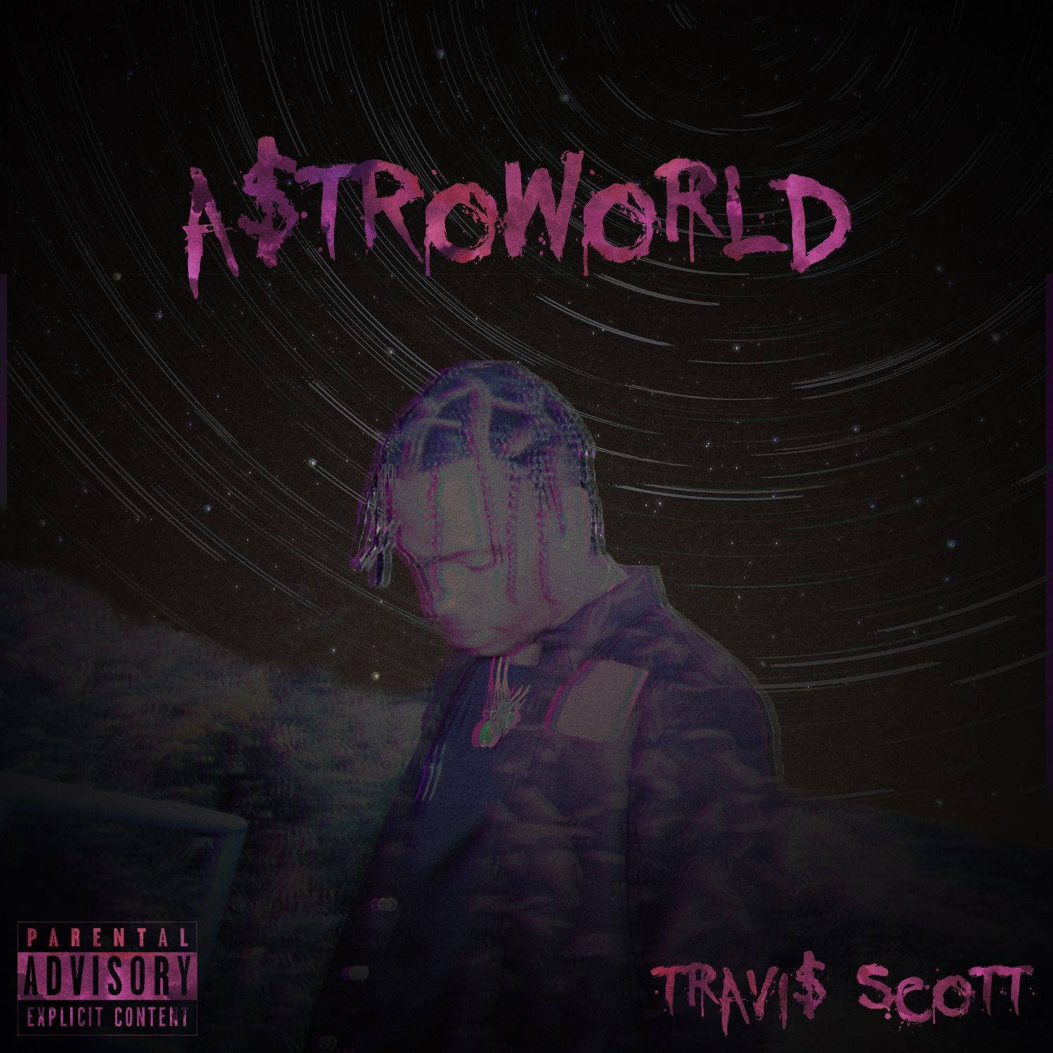 Astroworld 桌布 壁紙 — Travis Scott 在黑暗的宇宙場景中，有旋轉的星軌和粉紅色霓虹燈文字 'ASTROWORLD' 在他上方。