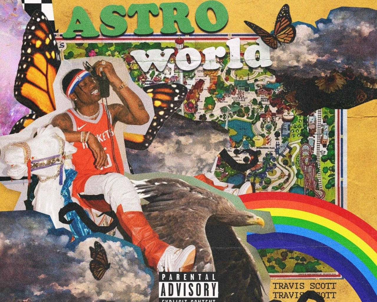 崔維斯·史考特 天文世界 桌布 壁紙 — Travis Scott 坐在彩虹頂端，蝴蝶和老鷹環繞，背景是色彩繽紛的拼貼畫。