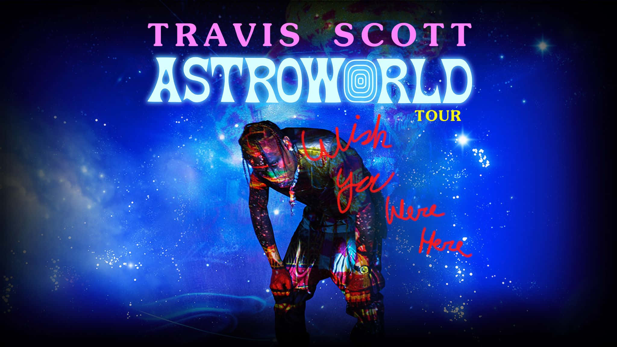 Astroworld 桌布 壁紙 — Travis Scott 穿著色彩繽紛的服裝，在宇宙藍色星空背景下向前彎腰，帶有發光文字。