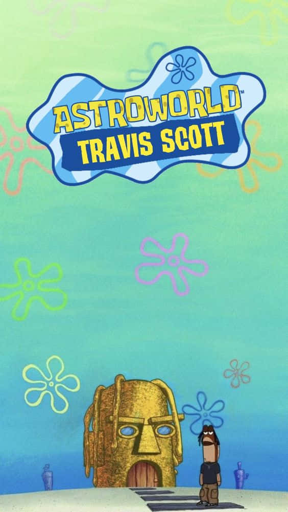 崔維斯·史考特 桌布 壁紙 — Travis Scott 站在一個巨大的金色面具前，身處充滿活力的卡通水下場景，帶有 'Astroworld' 文字。