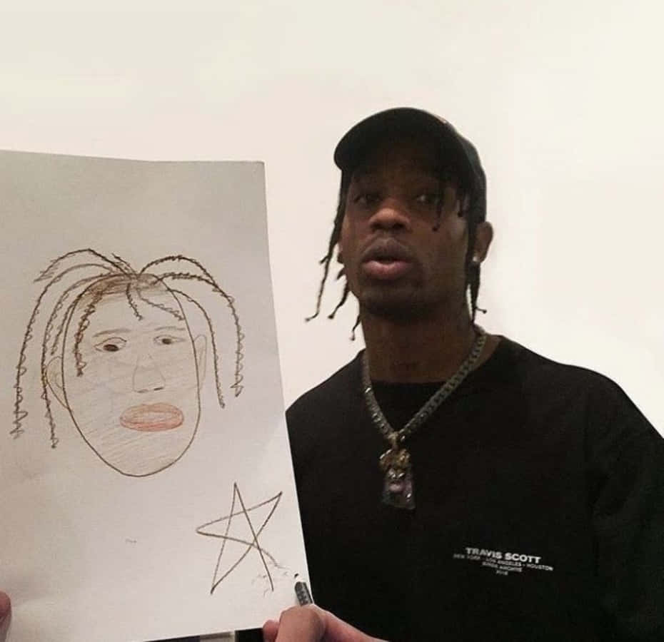 Travis Scott Funny 桌布 壁紙 — Travis Scott 舉起一幅自己臉部的粗略草圖，下方畫有一顆星星，他戴著黑色帽子和鏈條。