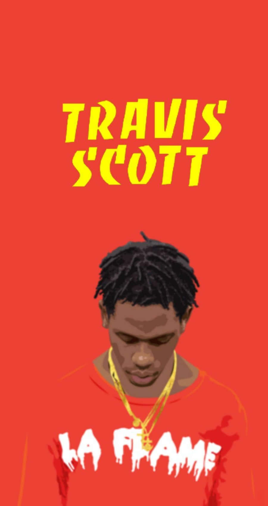 說唱歌手 桌布 壁紙 — Travis Scott 身穿紅色連帽衫，戴著金鏈，背景為純紅色，並有粗體黃色文字。