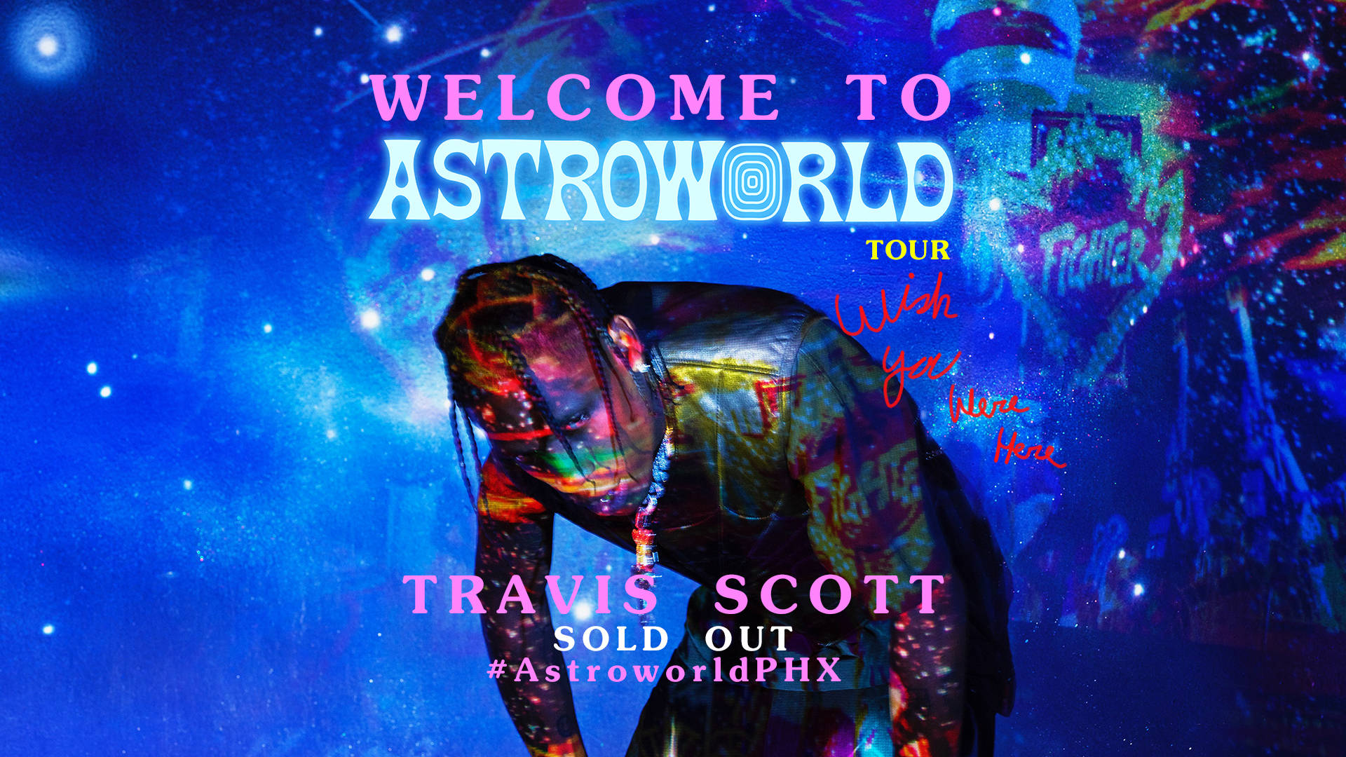 崔維斯·史考特 天文世界 桌布 壁紙 — Travis Scott 身穿色彩繽紛的宇宙風格服裝，在星光閃爍的藍色背景下宣傳他售罄的 Astroworld 巡迴演唱會。