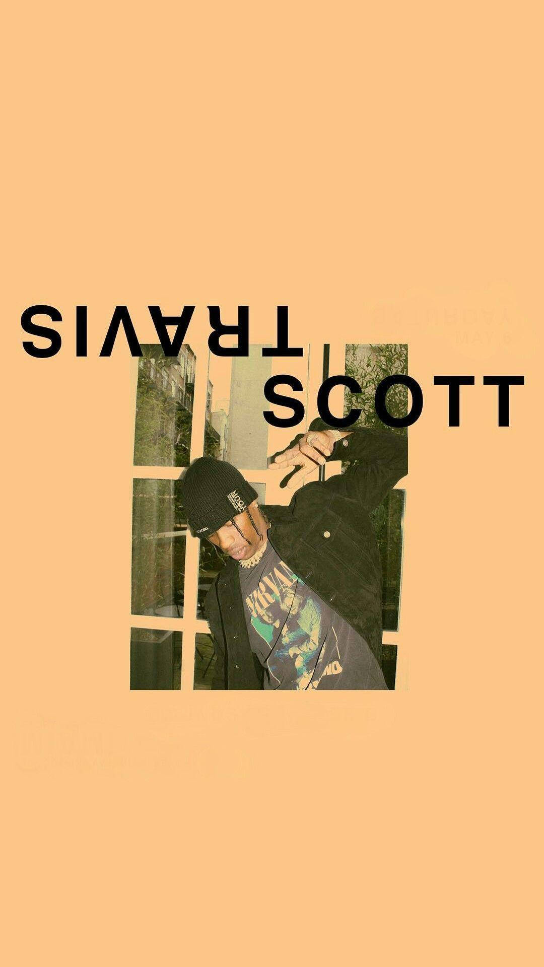 崔維斯·史考特 桌布 壁紙 — Travis Scott 靠在一个由粗體黑色文字框住的窗戶上，背景是純蜜桃色。