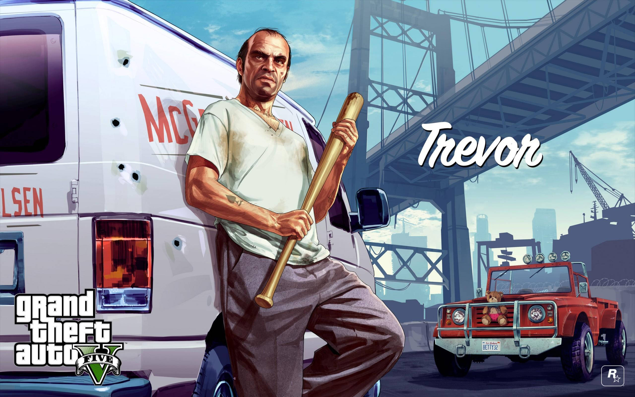 v 桌布 壁紙 — 《Grand Theft Auto V》中的Trevor靠在一輛廂型車旁，手持棒球棍，身處橋下，附近有一輛紅色卡車。