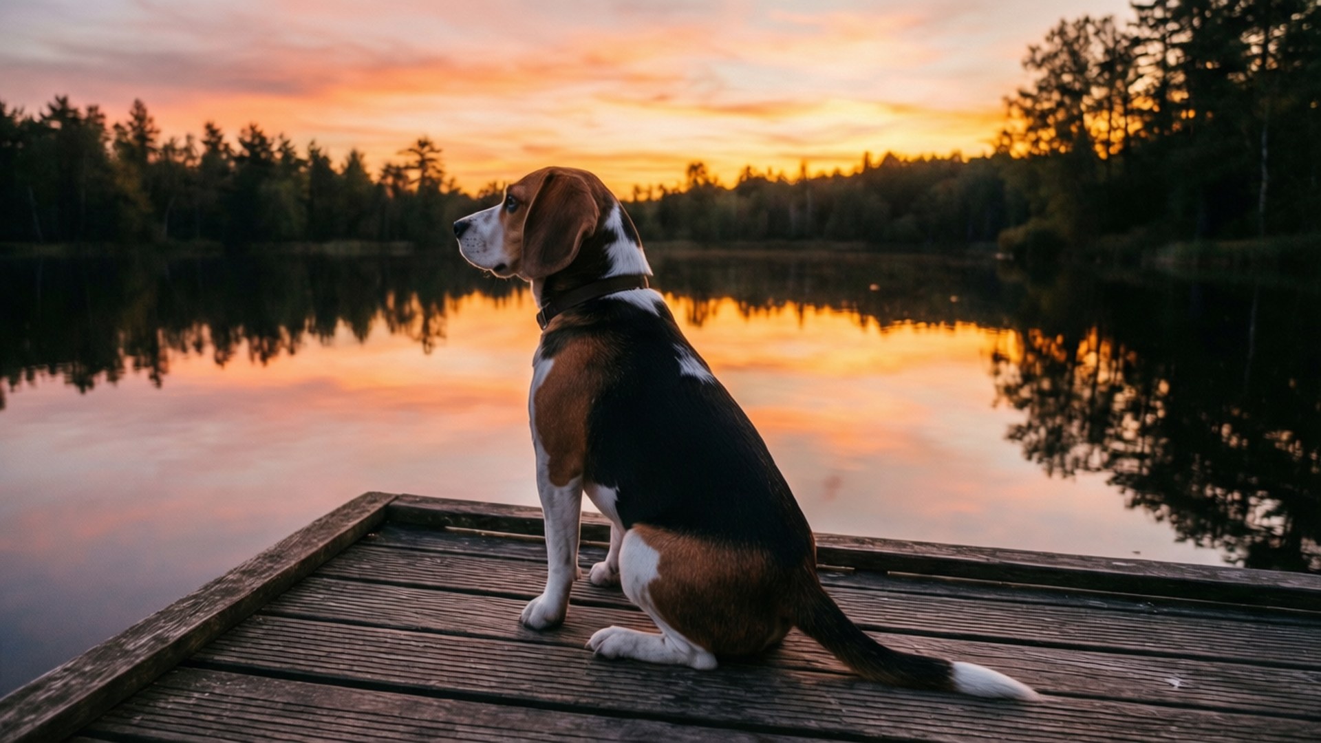 Beagle at Sunset Dock 壁紙 — 一隻三色比格犬平靜地坐在木碼頭上，凝視著寧靜的湖泊，湖面反射出火熱的橙色和粉紅色日落。