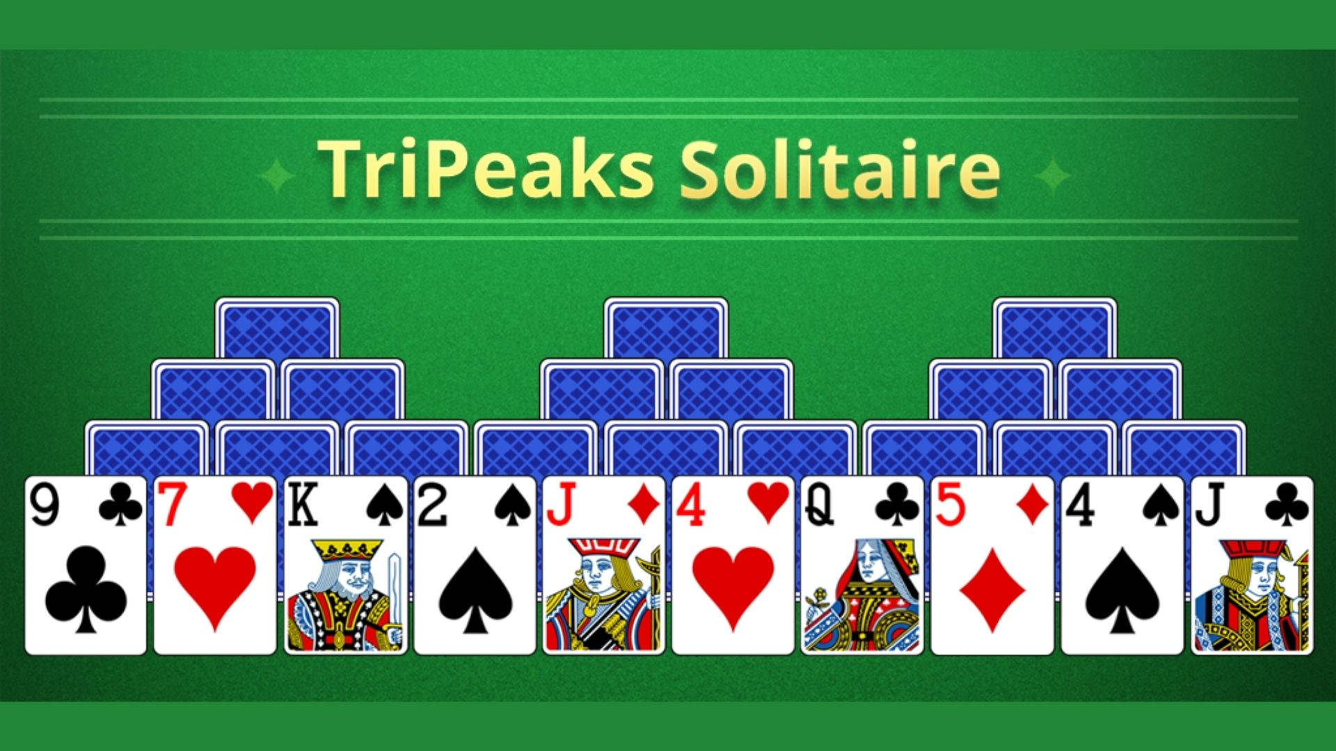 Solitaire 桌布 壁紙 — TriPeaks Solitaire 遊戲介面，顯示正面朝上的牌和藍色背面朝下的牌疊，背景為綠色氈布。