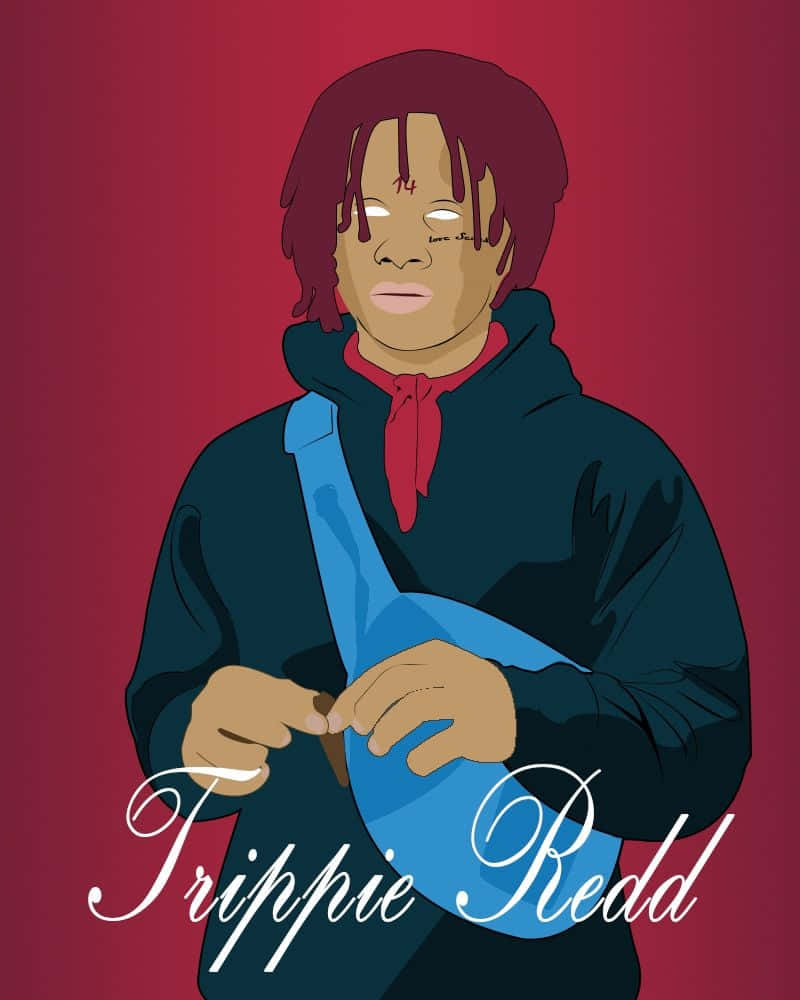 Trippie Redd 桌布 壁紙 — Trippie Redd 在深紅色漸變背景前手持藍色瓶子的插圖。