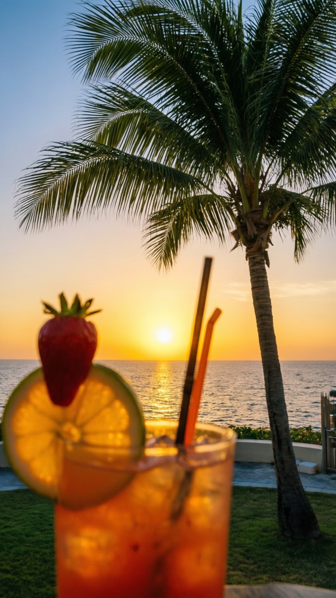 Cocktail Sunset Palm 壁紙 — 一杯熱帶雞尾酒配上草莓和青檸裝飾放在前景，棕櫚樹剪影映襯著海洋上金色的日落。