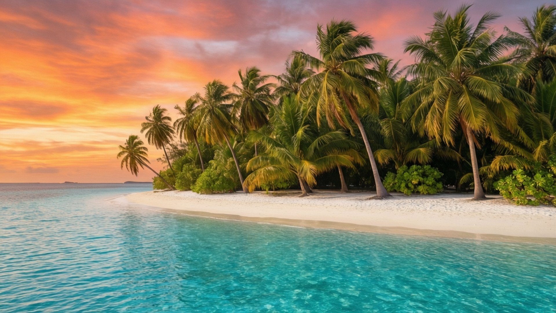 Tropical Sunset Paradise 壁紙 — 熱帶島嶼日落，棕櫚樹立於白沙上，被碧綠海水環繞，天空呈現火橙色。
