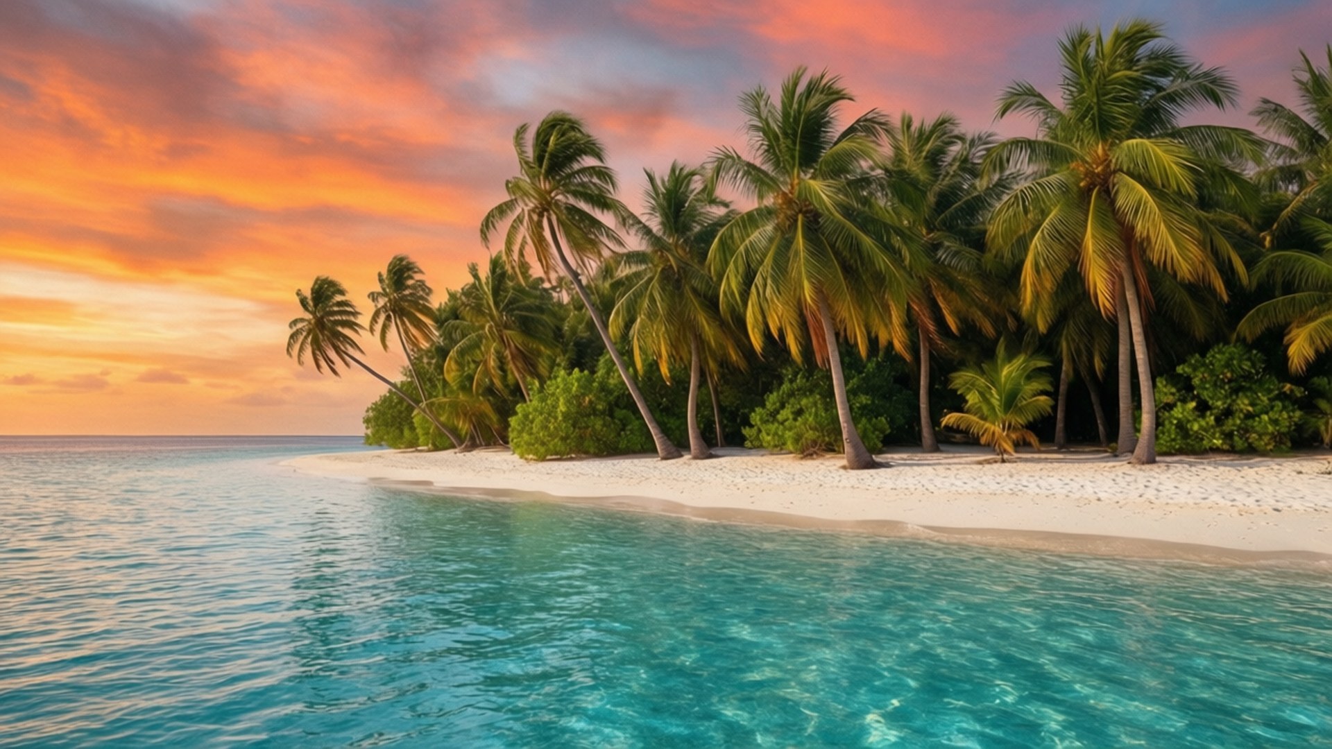 Tropical Sunset Paradise 壁紙 — 熱帶島嶼日落，白色沙灘上棕櫚樹，碧綠海水，火紅橙粉天空。